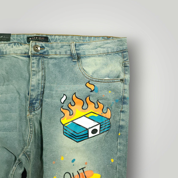 M Society Jeans 42x32 Mens Skinny Distressed Painted Art to Wear Light Mud Wash - Picture 8 of 13